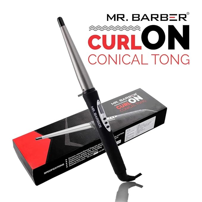 Mr. Barber Curl On Conical Tong 25mm Ceramic Infused Barrel, Hair Curling Tong - Black Hair Curler