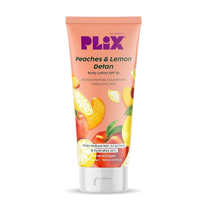 Plix Peaches & Lemon Detan Body Lotion with SPF 30 | Brightens & Moisturizes for Softer Skin