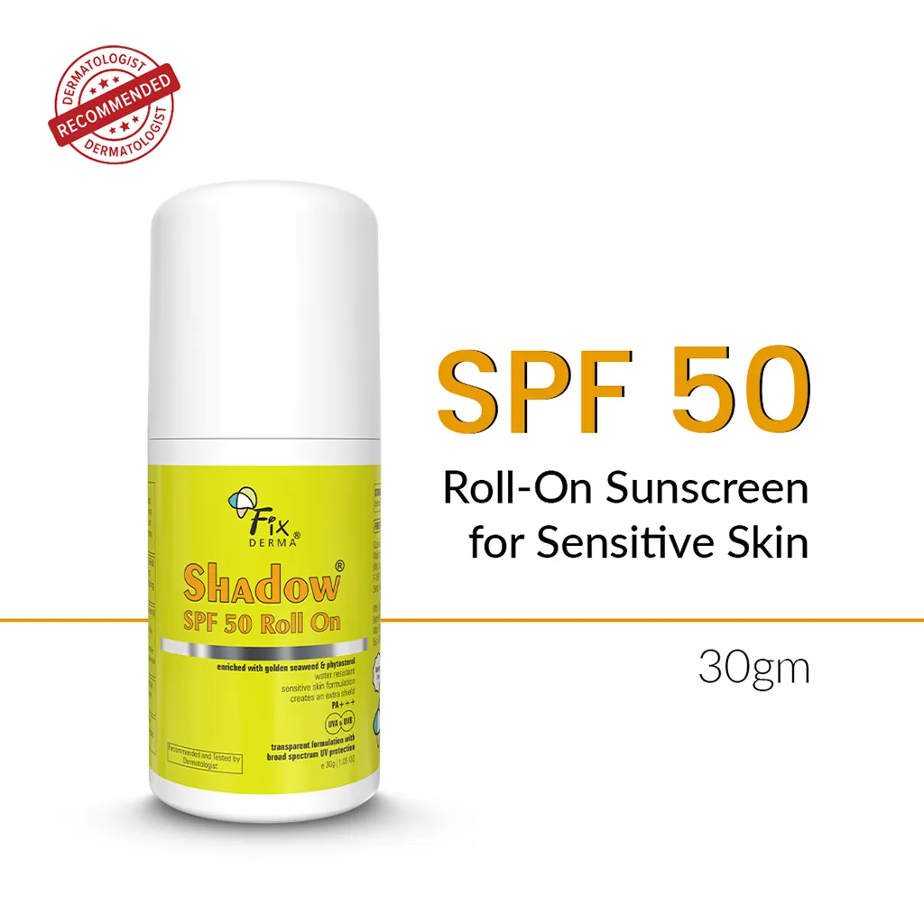 Fix Derma Shadow SPF 50 Roll On Sunscreen 30g | A Transparent Roll On Sunscreen For Sensitive Skin