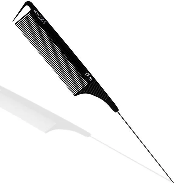 Vega Professional Carbon Pin Tail Wide Teeth Comb-Black Line - VPVCC-06