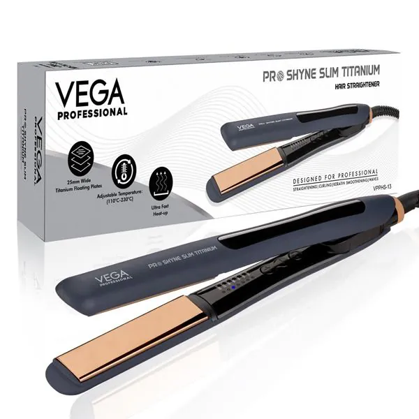 Vega Professional Pro-Shyne Slim Titanium Hair Straightener with 25mm Slim Rose Gold Titanium Floating Plates for Enhanced Shine - VPPHS-13