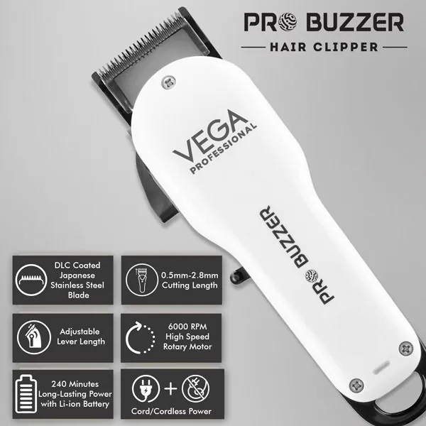 Vega Professional Pro Buzzer Cord/Cordless Hair Clipper - VPMHC-08 - Image 2
